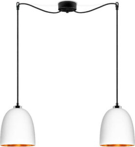Bílé dvojité matné závěsné svítidlo s černým kabelem s detailem v měděné barvě Sotto Luce Awa Sotto Luce