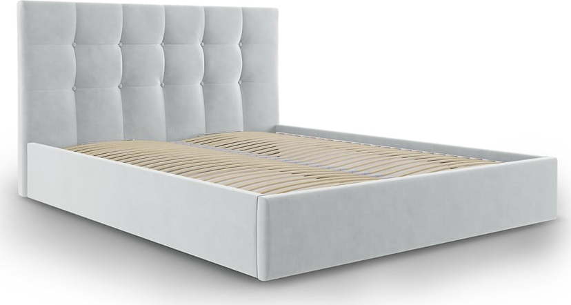 Světle šedá čalouněná dvoulůžková postel s úložným prostorem s roštem 160x200 cm Nerin – Mazzini Beds Mazzini Beds