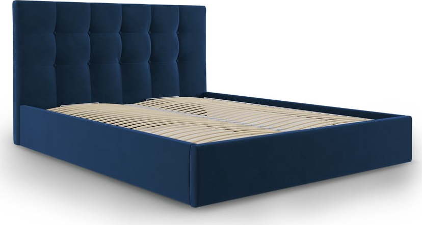 Tmavě modrá čalouněná dvoulůžková postel s úložným prostorem s roštem 160x200 cm Nerin – Mazzini Beds Mazzini Beds